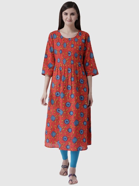 Span Red Cotton Floral A Line Kurta