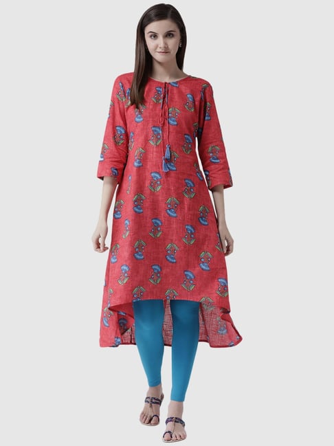 Span Red Cotton Floral High Low Kurta