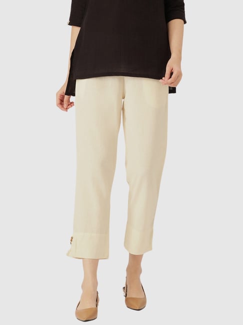 Buy Merino Cream Normal Fit Cotton Pant