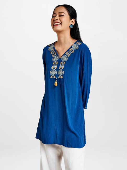 Global Desi Medium Blue Embroidered Tunic