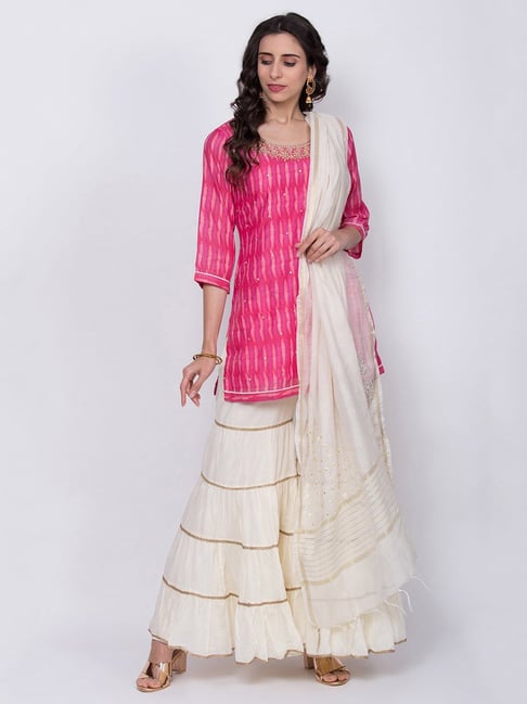 Biba Pink Printed Kurta with Palazzo & Dupatta