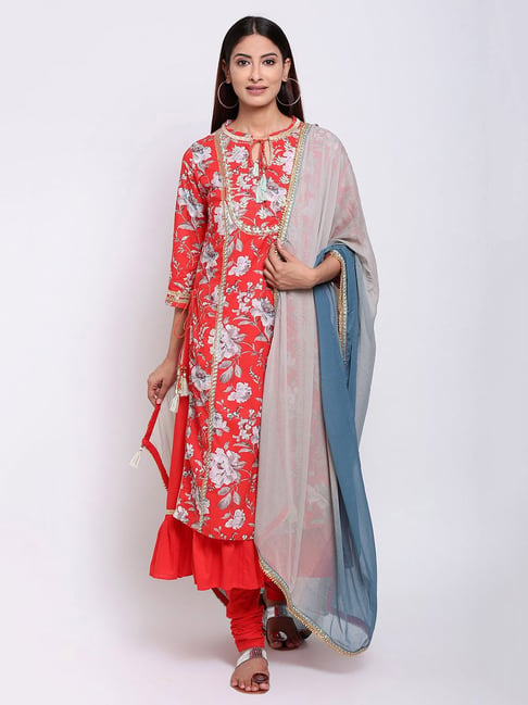 Biba Red Floral Kurta with Churidar & Dupatta