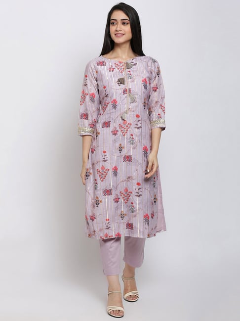 Biba Purple Printed Kurta with Salwar & Dupatta