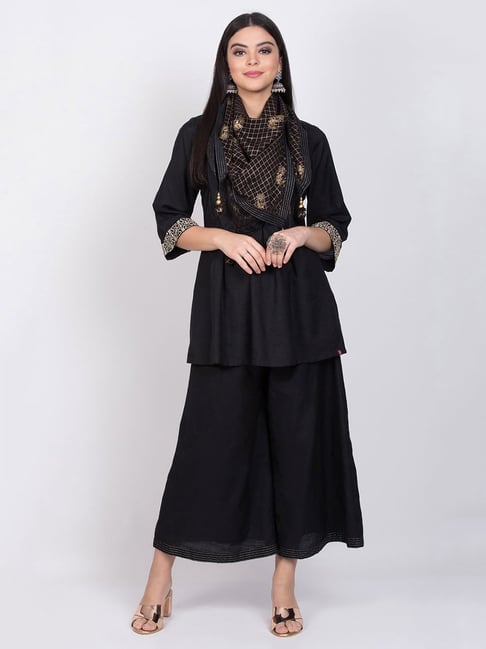 Biba Black Solid Kurta with Palazzo & Dupatta