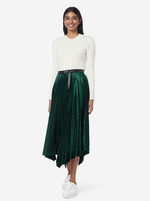 Buy Wardrobe by Westside Green Pleated Velveteen Sandrea Skirt for