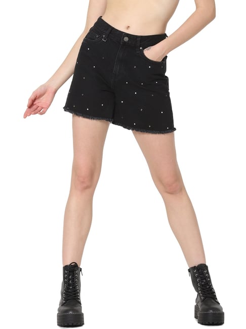 Only Black Cotton Embellished Shorts-picture-25
