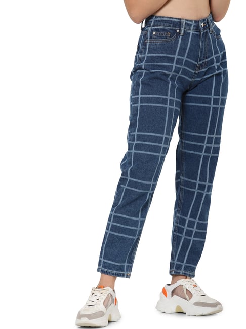 Only Blue Cotton Plaid Pattern Jeans