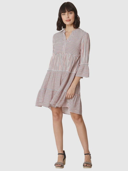 Vero Moda White & Pink Striped A-Line Dress Price in India