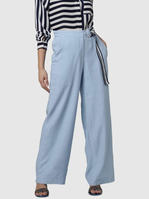 Vero Moda Blue Linen Solid Pants