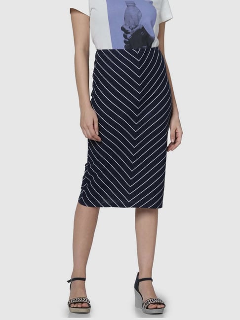 Vero Moda Navy Cotton Printed Pencil Skirt