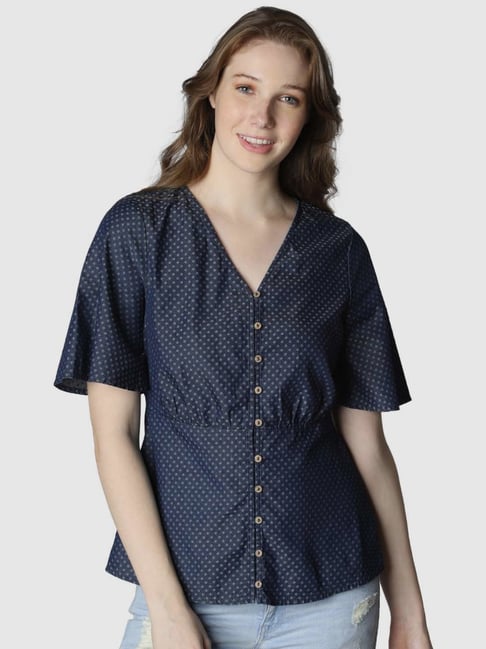 Vero Moda Denim Blue Cotton Printed Top