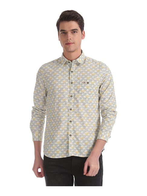 U S Polo Assn U.S. Polo Assn. Yellow & White Slim Fit Printed Shirt