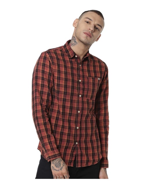 Jack & Jones Red & Black Cotton Slim Fit Checks Shirt