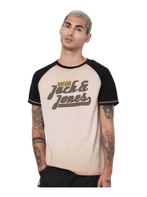Buy Jack & Jones Beige Black Cotton Printed T-Shirt for Mens Online @ Tata CLiQ
