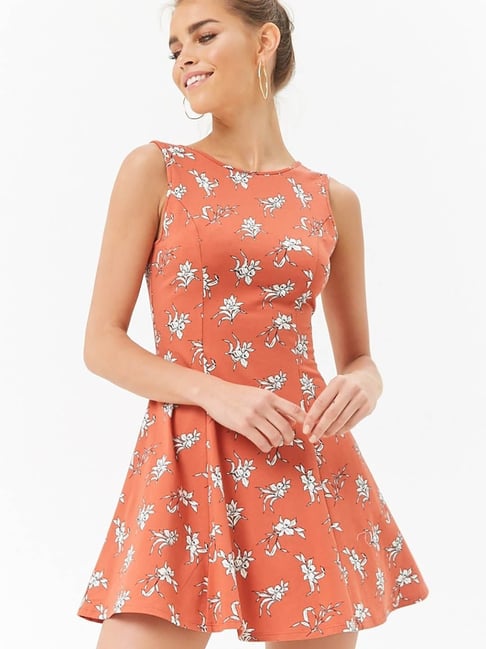 Buy Forever 21 Coral Cream Floral Print Skater Dress for Women