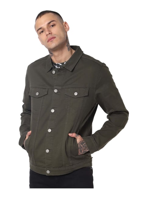 Buy Jack Jones Olive Green Cotton Slim Fit Jacket for Mens