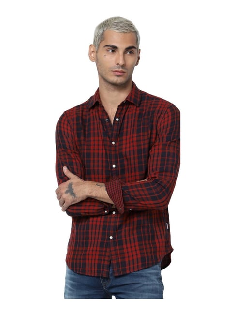 Jack & Jones Navy & Red Cotton Slim Fit Checks Shirt