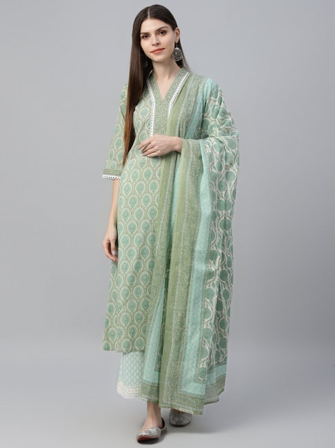 Gerua Green Cotton Printed Kurta Pant Set With Dupatta Price in India