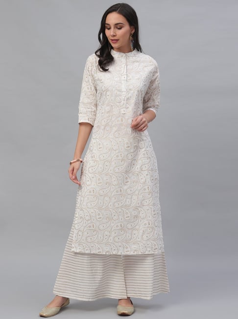 Gerua White Cotton Printed Kurta Palazzo Set