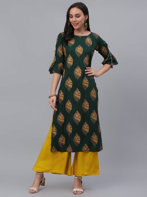 Gerua Green & Yellow Cotton Printed Kurta Palazzo Set