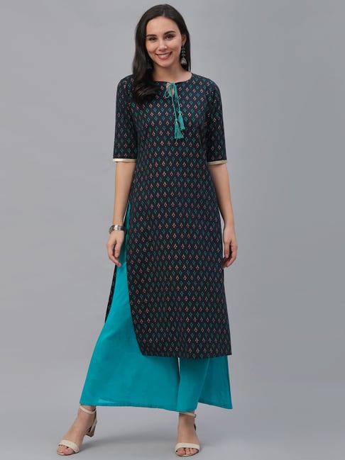 Gerua Blue Cotton Printed Kurta Palazzo Set