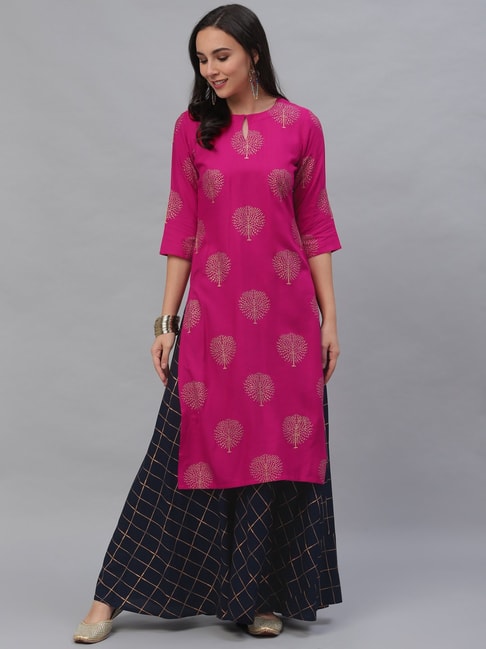 Gerua Pink & Navy Printed Kurta Skirt Set Price in India