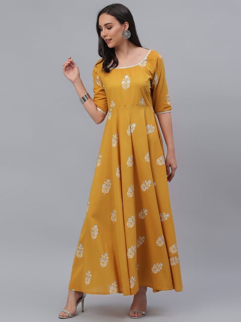 Gerua Yellow Cotton Printed Maxi Dress