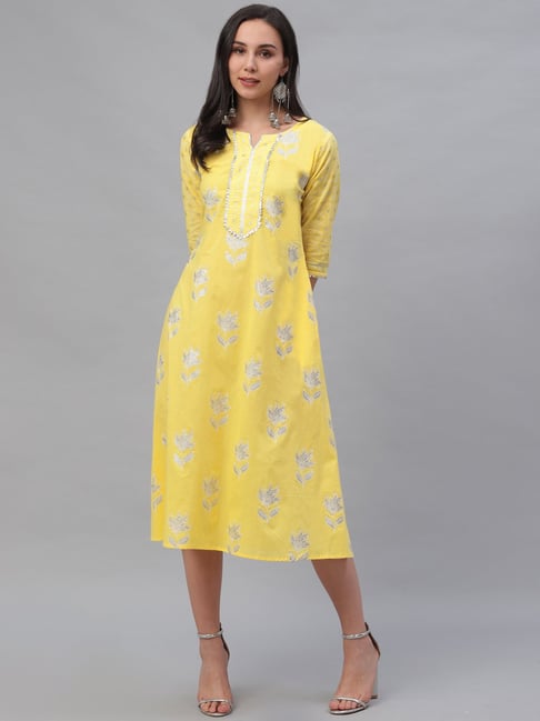 Gerua Yellow Cotton Printed A-Line Dress