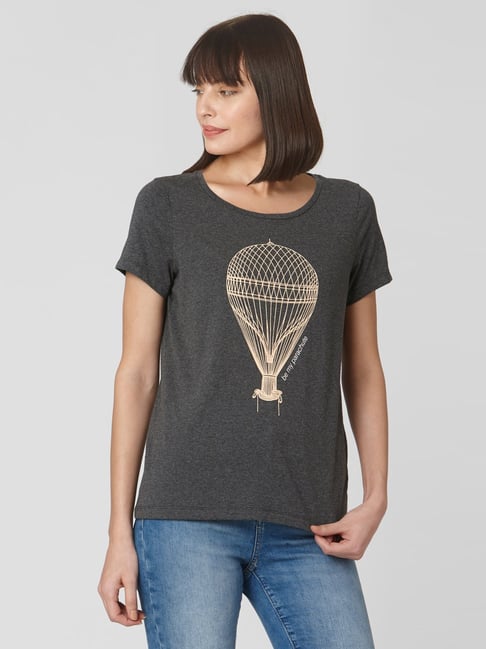 Vero Moda Grey Cotton Printed T-Shirt