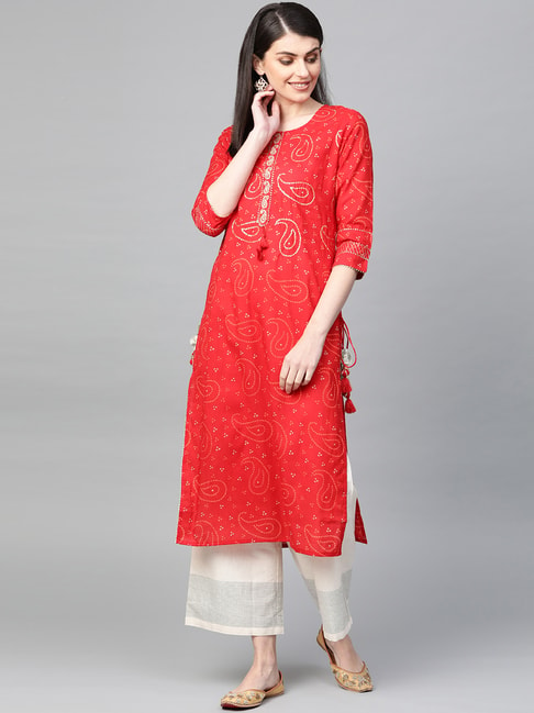 Ishin Red Cotton Embellished Straight Kurta Price in India