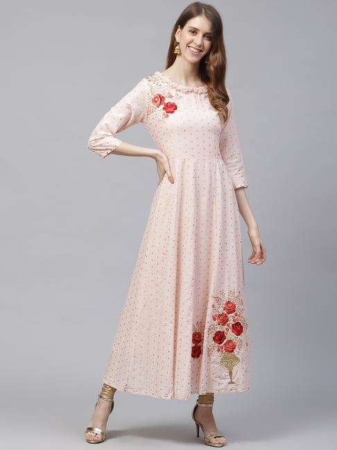 Ishin Peach Cotton Embroidered A Line Kurta Price in India