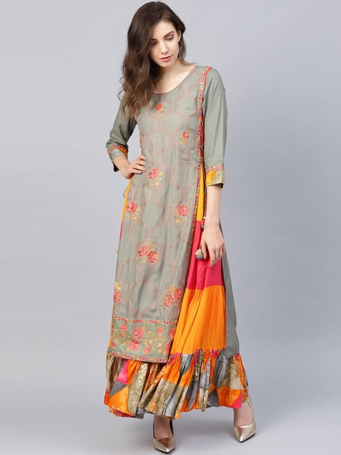 Ishin Grey Embroidered Straight Kurta Price in India