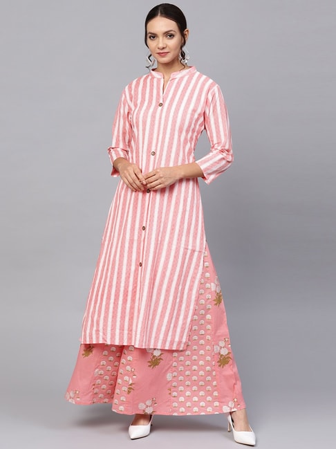 Ishin Pink Cotton Striped Kurta Palazzo Set Price in India