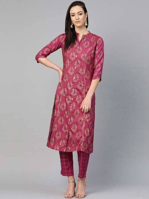 Ishin Purple Cotton Printed Kurta Pant Set Price in India