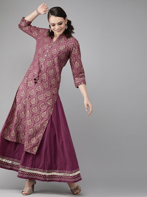 Ishin Purple Cotton Printed Kurta Skirt Set Price in India