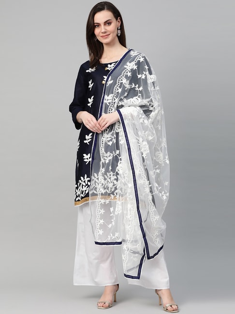 Ishin Navy & White Cotton Embroidered Kurta Pant Set With Dupatta Price in India