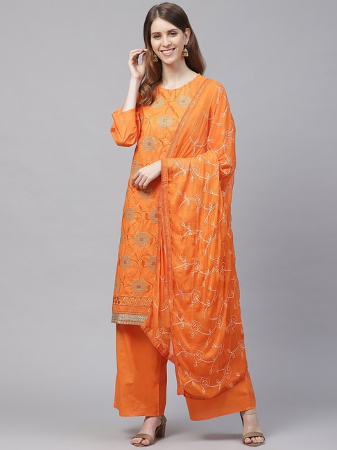 Ishin Orange Cotton Embroidered Kurta Pant Set With Dupatta Price in India