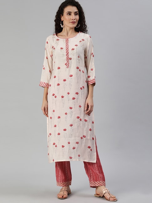 Ishin Off-White & Peach Embroidered Kurta Pant Set Price in India