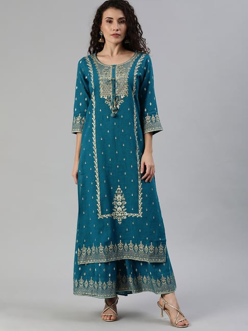 Ishin Blue Cotton Embroidered Kurta Palazzo Set Price in India