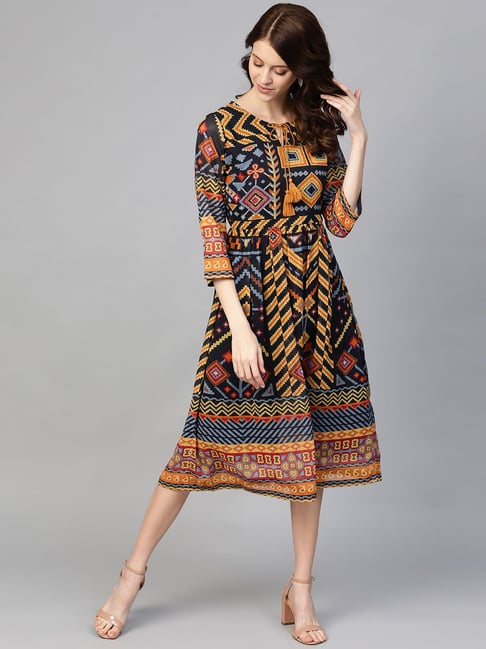 Melon by PlusS Navy & Yellow Printed Dress Price in India