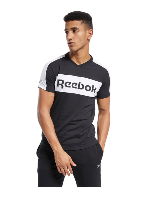 Reebok Black Cotton Slim Fit Logo Printed T-Shirt