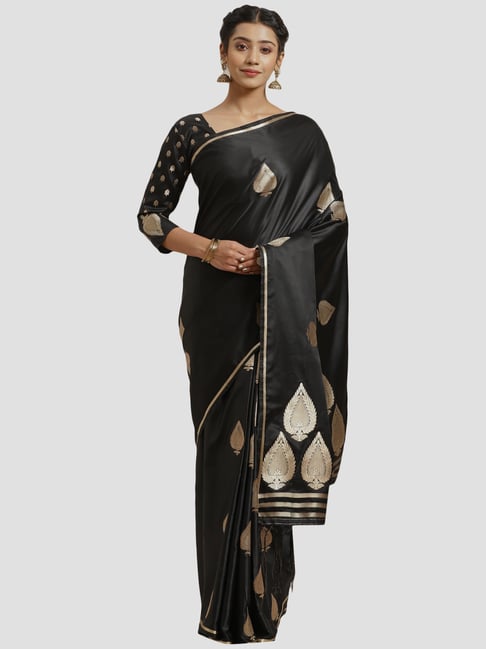 Saree Mall Black Woven Saree With Unstitched Blouse Price in India