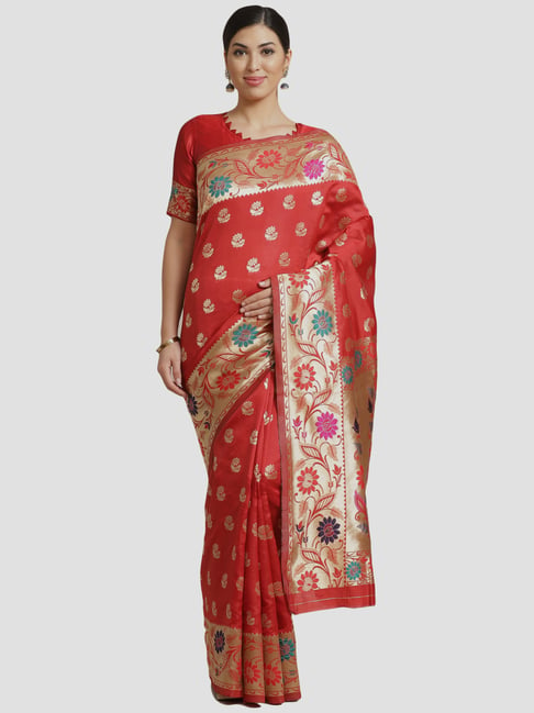 Saree Mall Rust Zari Work Saree With Unstitched Blouse Price in India