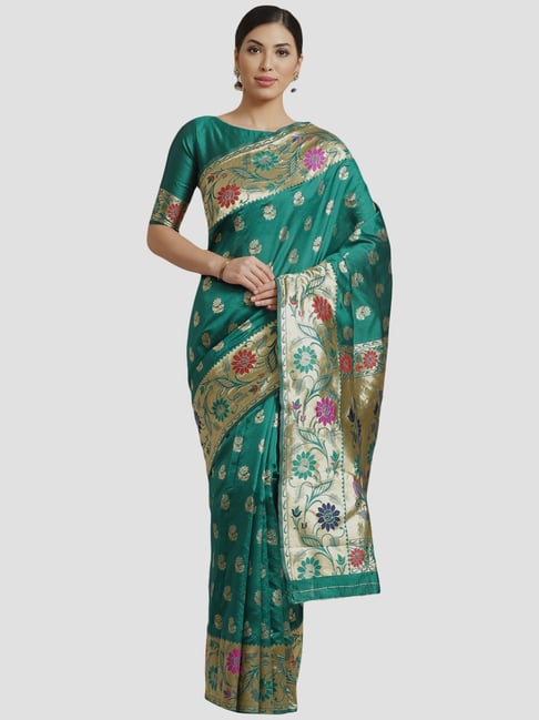 Saree Mall Green Zari Work Saree With Unstitched Blouse Price in India
