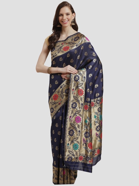 Saree Mall Navy Zari Work Saree With Unstitched Blouse Price in India