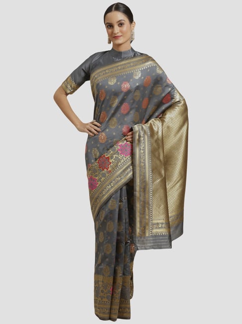Saree Mall Grey Zari Work Saree With Unstitched Blouse Price in India