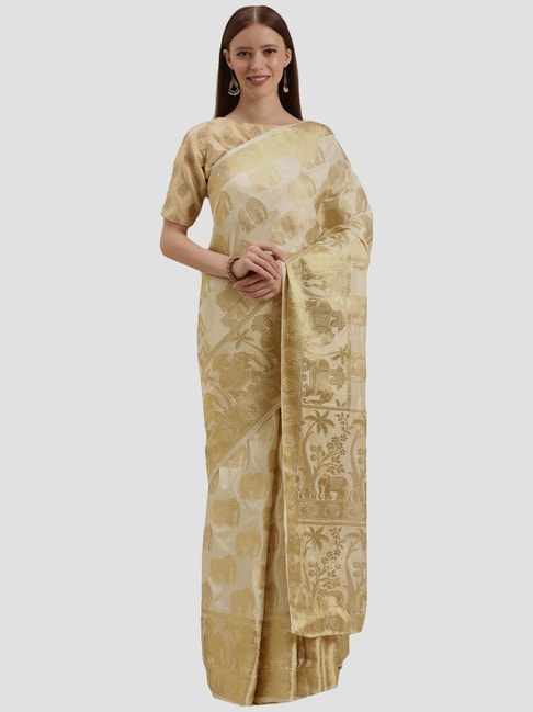 Mimosa Beige & Golden Woven Saree With Unstitched Blouse Price in India