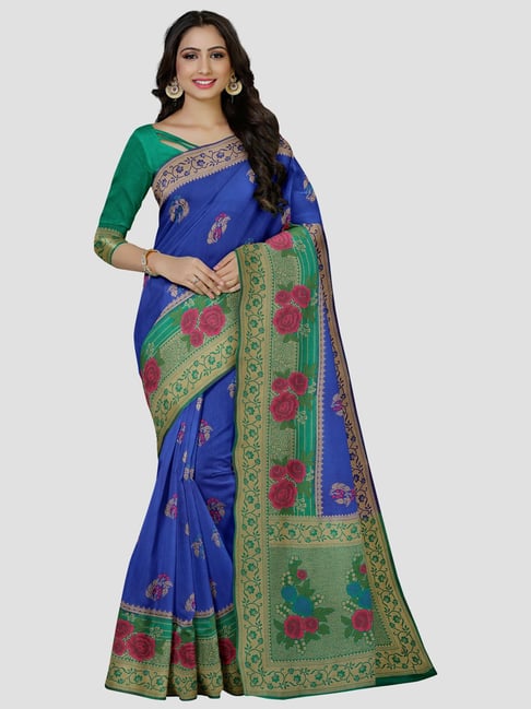 Mimosa Blue & Green Floral Print Saree With Unstitched Blouse