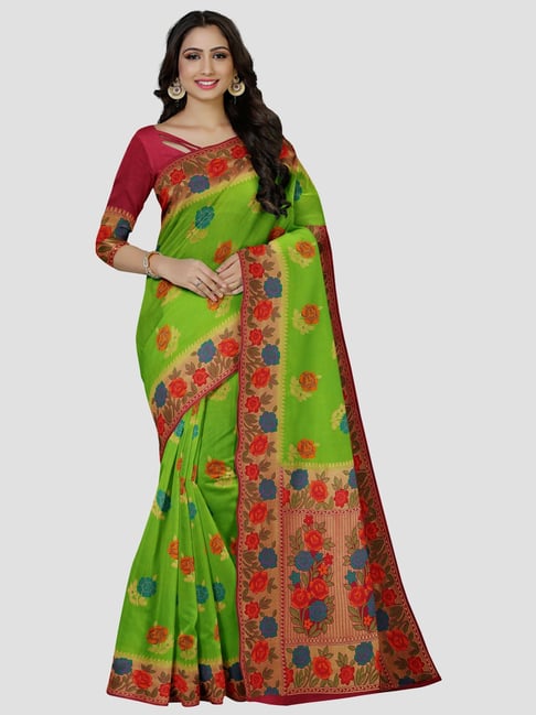 Mimosa Green Floral Print Saree With Unstitched Blouse Price in India