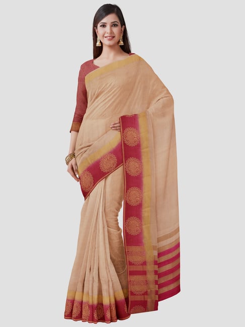Mimosa Beige Zari Work Saree With Unstitched Blouse Price in India